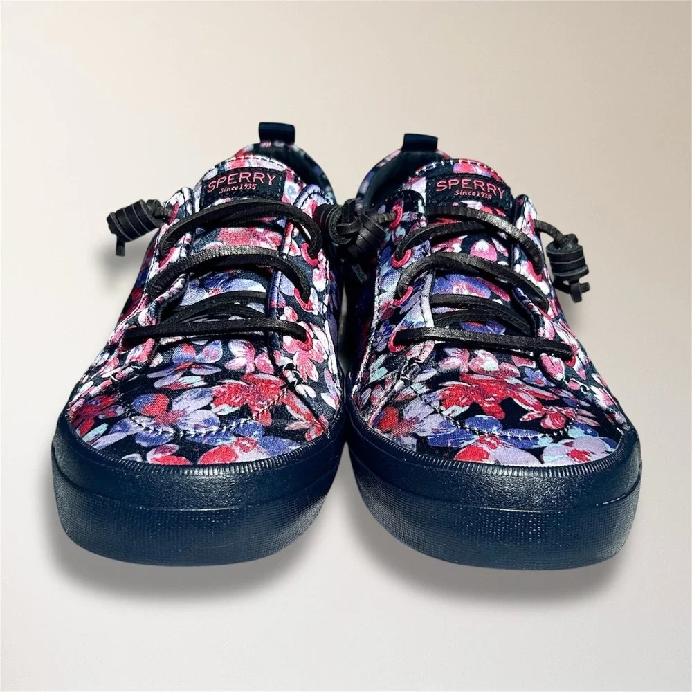 Sperry Crest Vibe 9.5 Floral‎ Canvas Sneakers Pink Blue Lace Up Casual STS87000